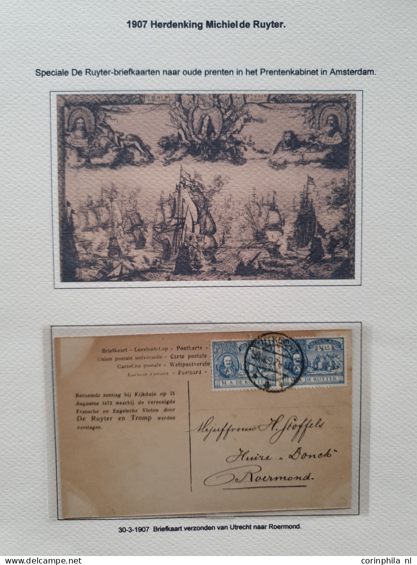 1907 gespecialiseerde collectie emissie de Ruyter w.b. grootrondstempels, plaatfouten en poststukken, mooi opgezet in kl