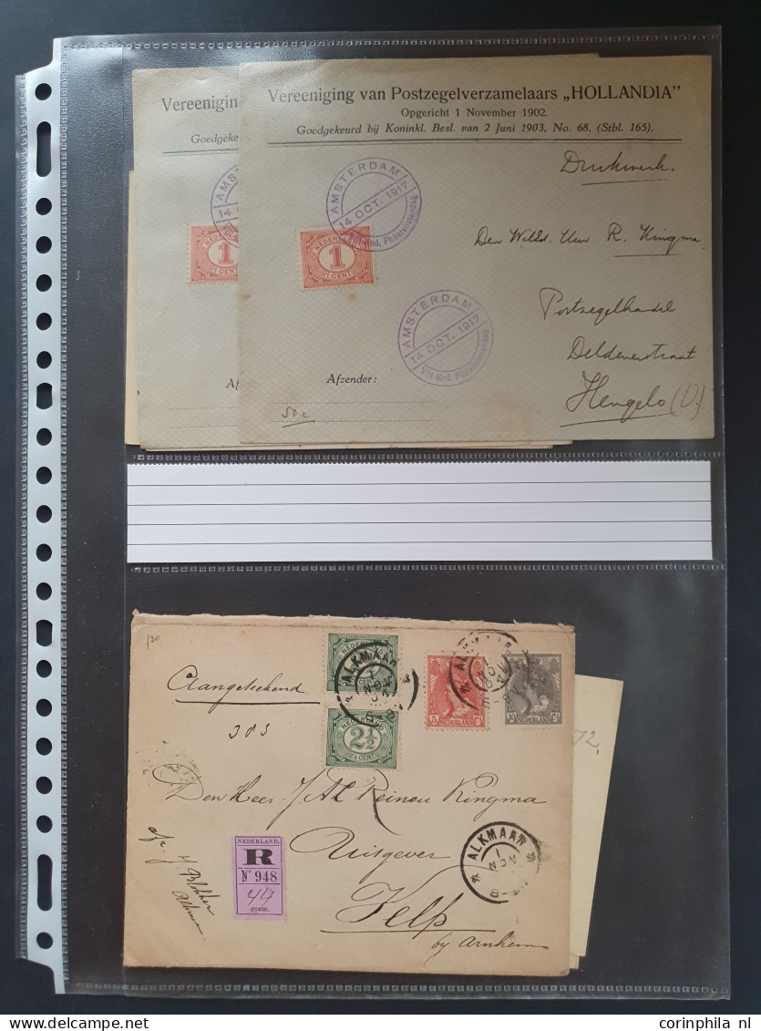 Cover 1820-1950 ca., ruim 300 post(waarde)stukken met o.a. betere Bontkraag frankeringen, Legioenblokken etc. in ringban