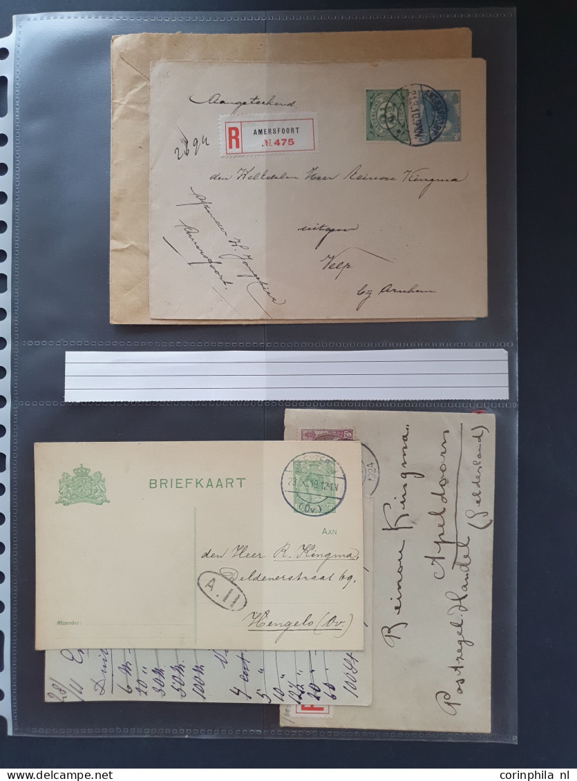 Cover 1820-1950 ca., ruim 300 post(waarde)stukken met o.a. betere Bontkraag frankeringen, Legioenblokken etc. in ringban