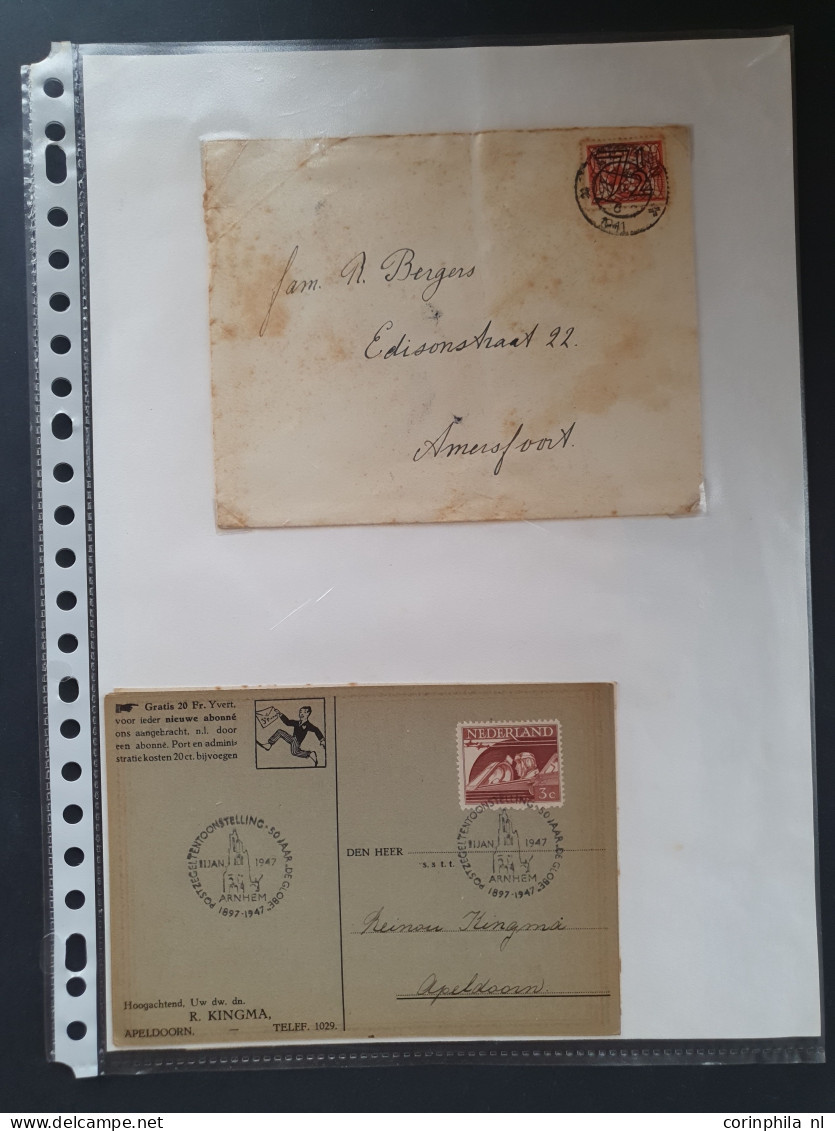 Cover 1820-1950 ca., ruim 300 post(waarde)stukken met o.a. betere Bontkraag frankeringen, Legioenblokken etc. in ringban