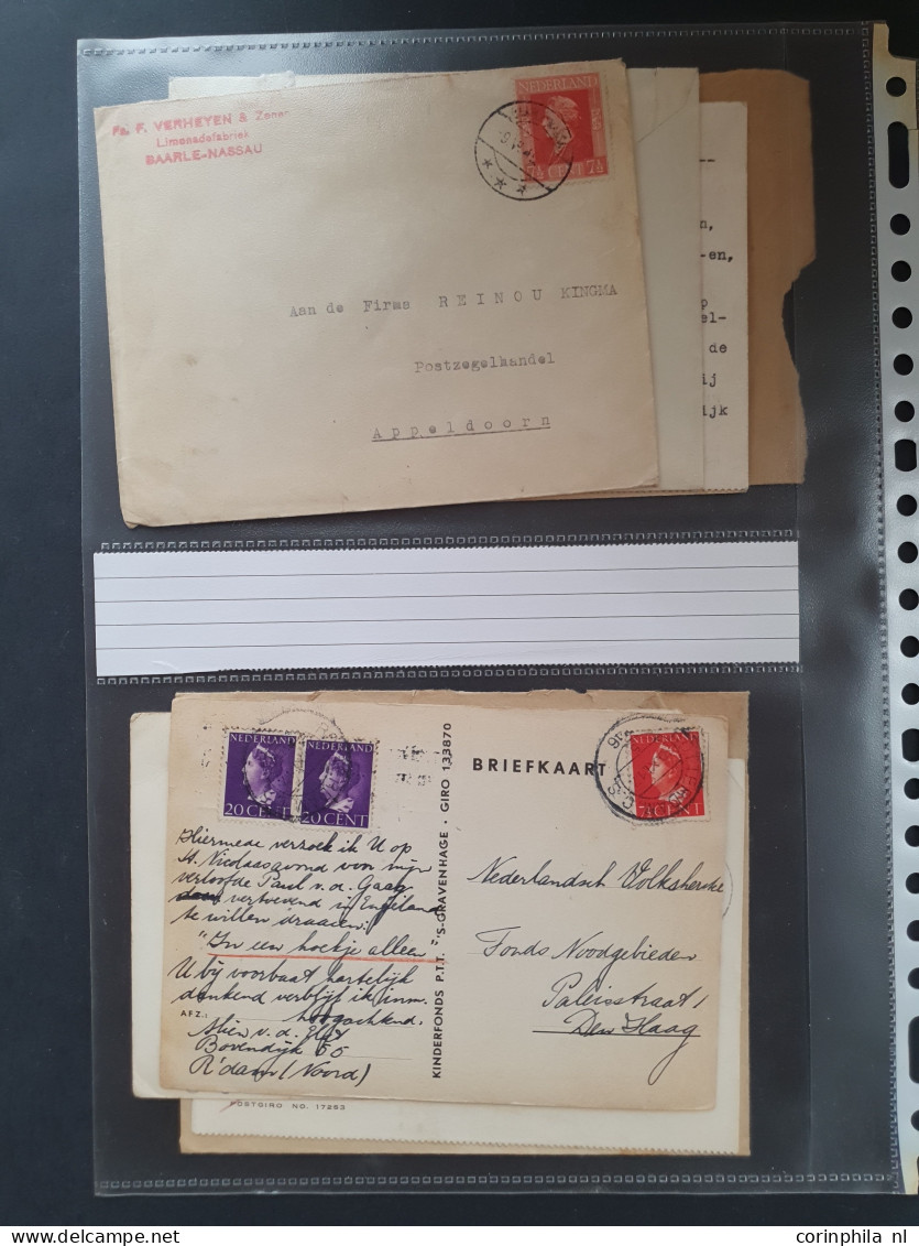 Cover 1820-1950 ca., ruim 300 post(waarde)stukken met o.a. betere Bontkraag frankeringen, Legioenblokken etc. in ringban
