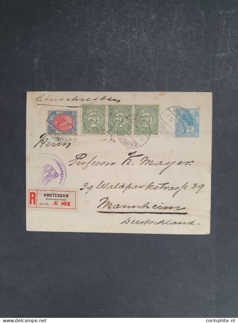 Cover 1870c- 1960c post en postwaardestukken w.b. stempels, mengfrankeringen, particulier bedrukt, bestemmingen, 1 crash