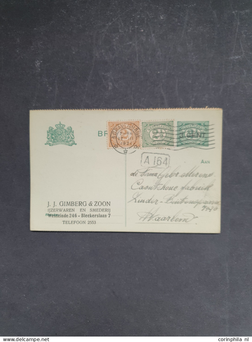 Cover 1870c- 1960c post en postwaardestukken w.b. stempels, mengfrankeringen, particulier bedrukt, bestemmingen, 1 crash