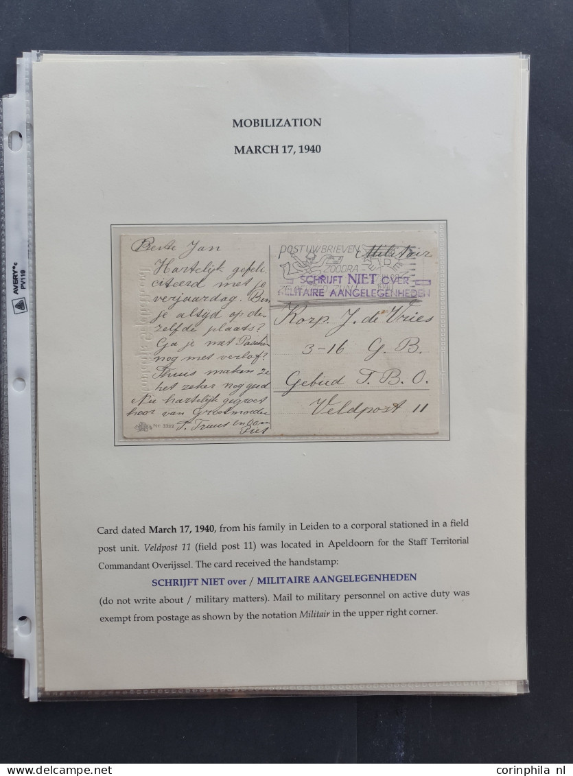 Cover 1940-1945, veldpost (19 poststukken) w.b. enkele mobilisatiestukken 1940 en 9 brieven april t/m november 1945 die 