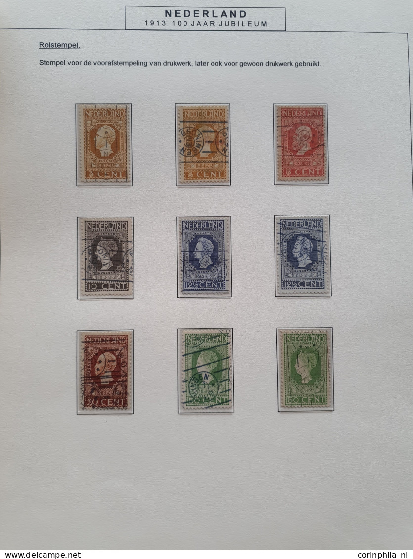 1913-1937, emissie 1913 stempels, ca. 70 ex. met o.a. kleinrond-, grootrond-, langebalk-, drukwerkrol- en langstempels i