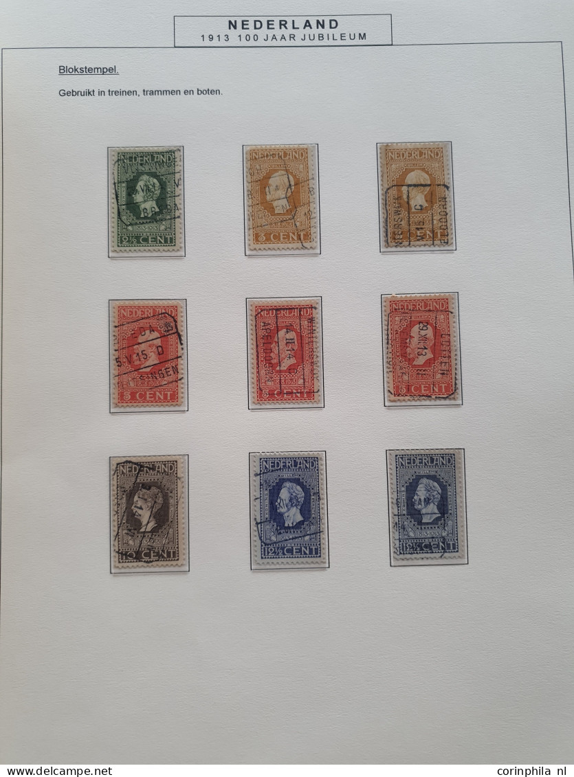 1913-1937, emissie 1913 stempels, ca. 70 ex. met o.a. kleinrond-, grootrond-, langebalk-, drukwerkrol- en langstempels i