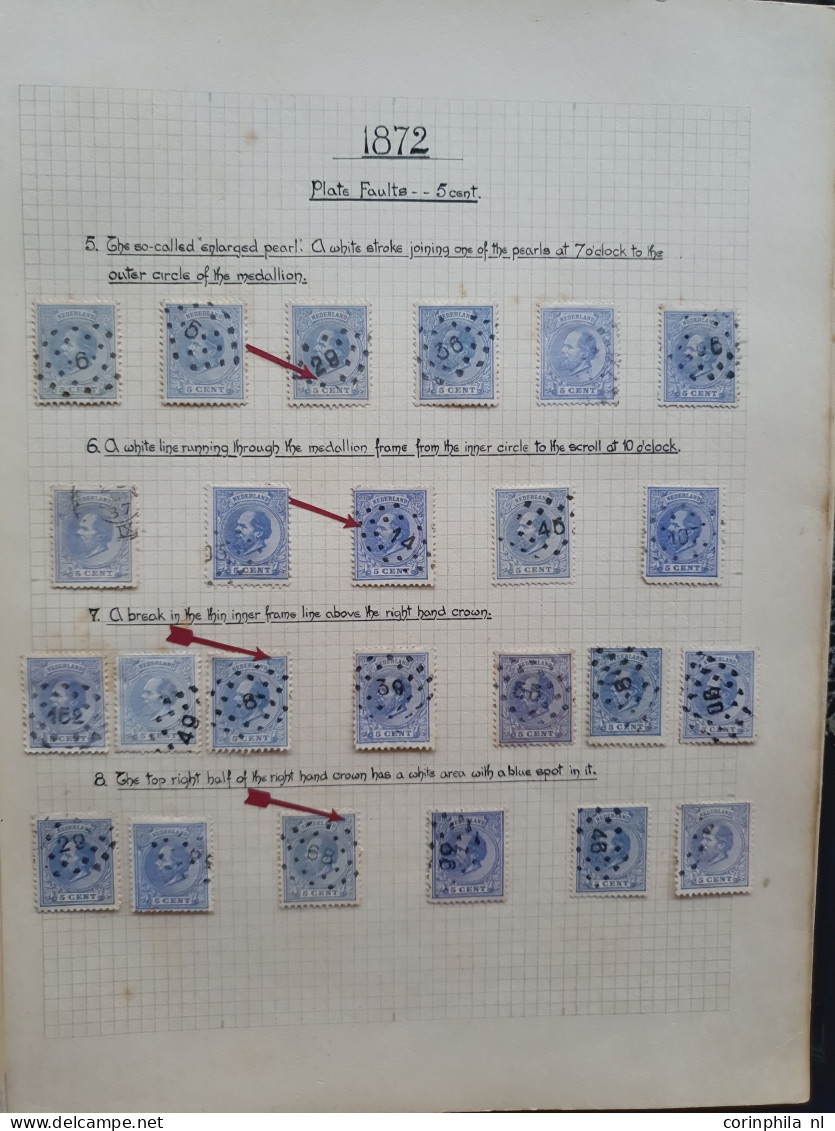 1872-1891, gespeciailiseerde collectie 5 cent nr. 19 met plaatfouten, tandingen, stempels etc. keurig opgezet in blanco 