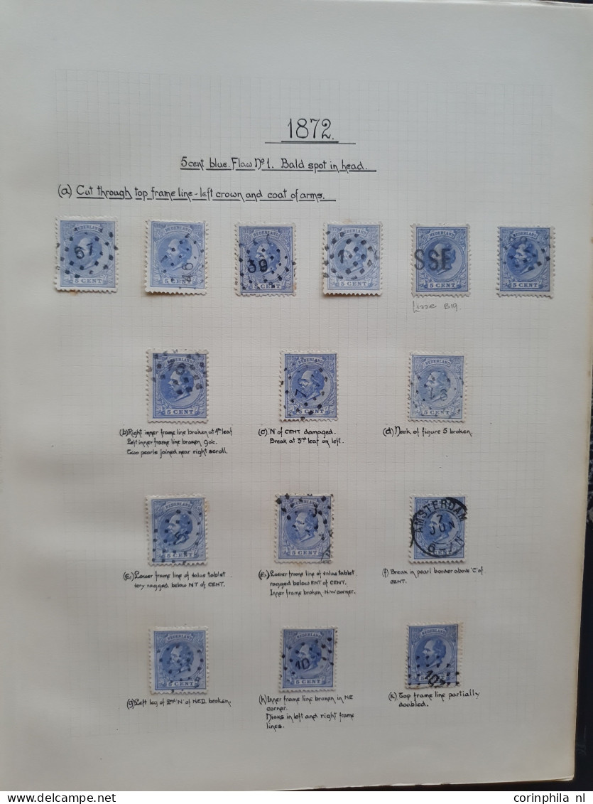 1872-1891, gespeciailiseerde collectie 5 cent nr. 19 met plaatfouten, tandingen, stempels etc. keurig opgezet in blanco 