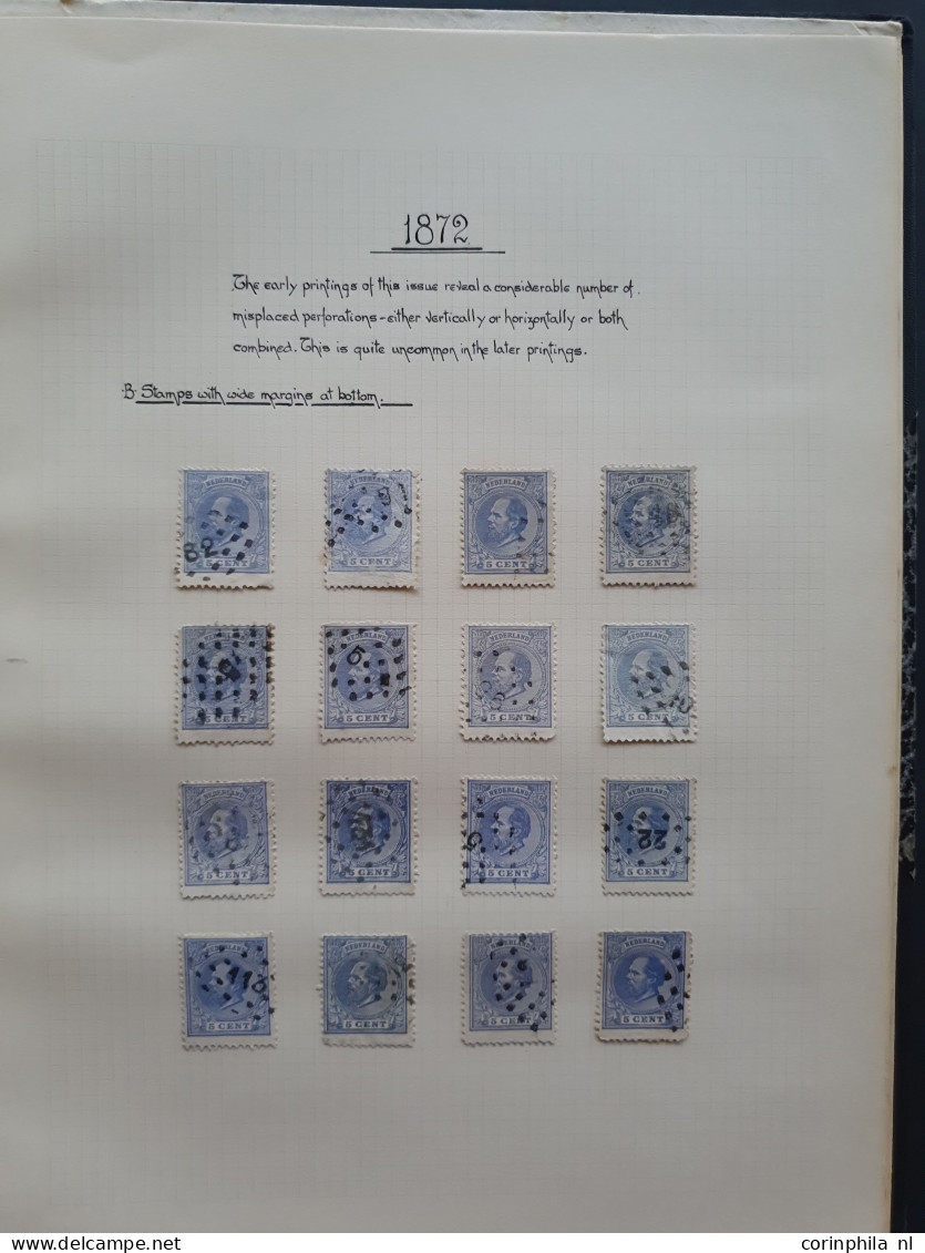 1872-1891, gespeciailiseerde collectie 5 cent nr. 19 met plaatfouten, tandingen, stempels etc. keurig opgezet in blanco 