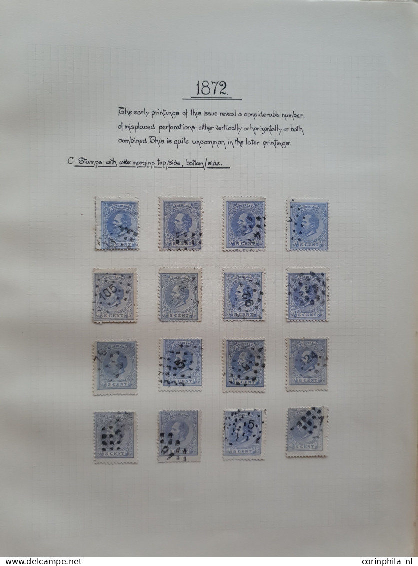 1872-1891, gespeciailiseerde collectie 5 cent nr. 19 met plaatfouten, tandingen, stempels etc. keurig opgezet in blanco 