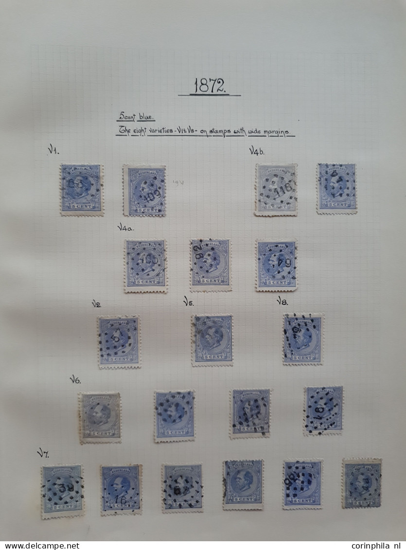 1872-1891, gespeciailiseerde collectie 5 cent nr. 19 met plaatfouten, tandingen, stempels etc. keurig opgezet in blanco 