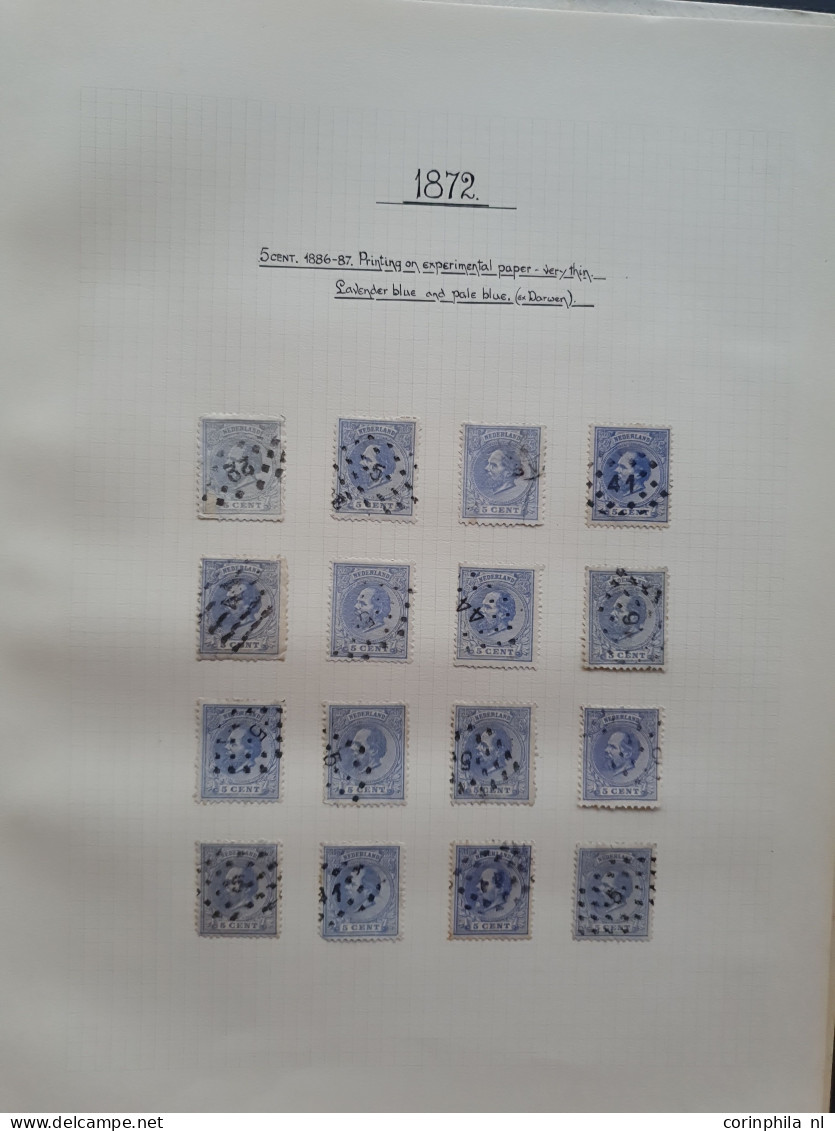 1872-1891, gespeciailiseerde collectie 5 cent nr. 19 met plaatfouten, tandingen, stempels etc. keurig opgezet in blanco 