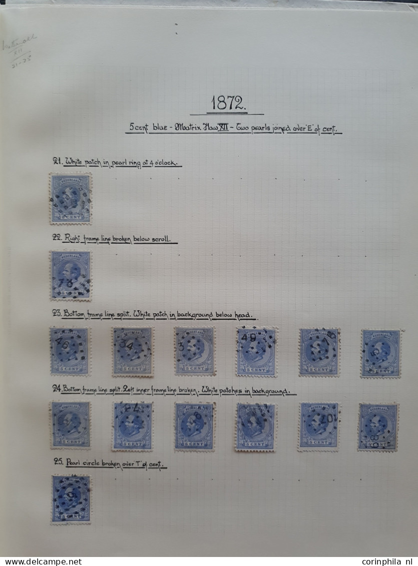 1872-1891, gespeciailiseerde collectie 5 cent nr. 19 met plaatfouten, tandingen, stempels etc. keurig opgezet in blanco 