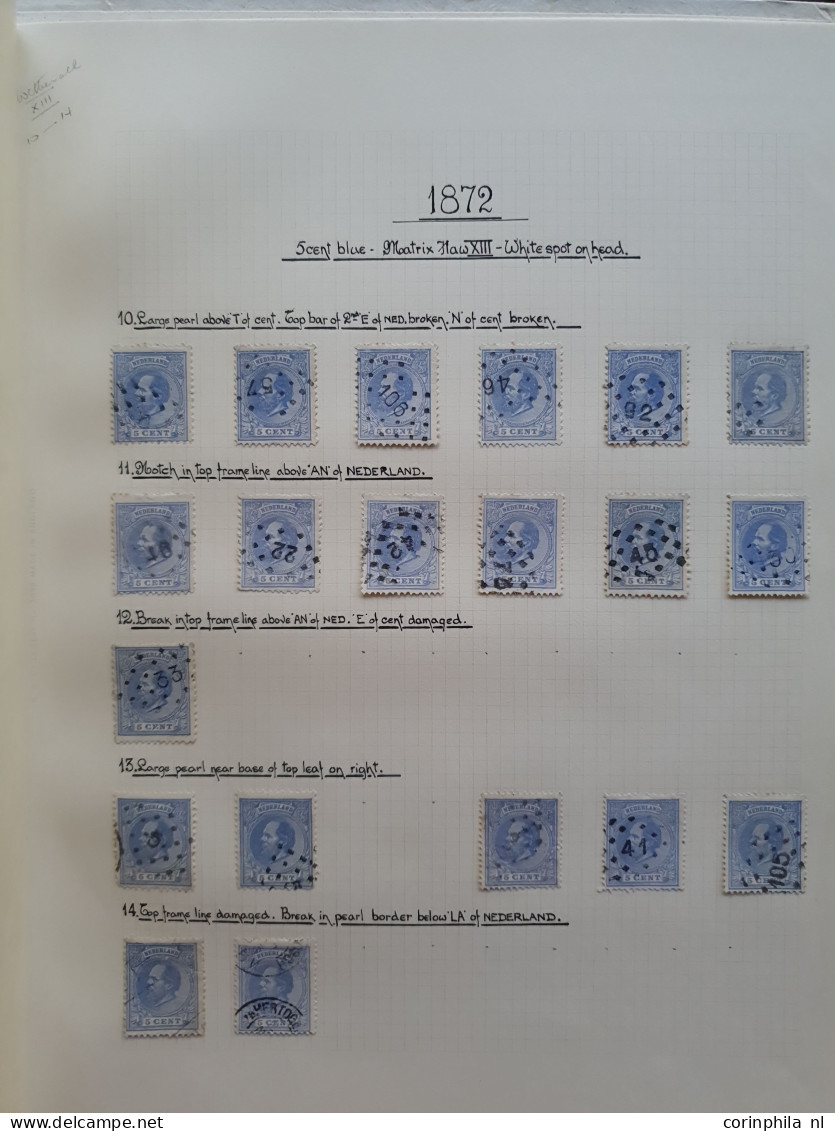 1872-1891, gespeciailiseerde collectie 5 cent nr. 19 met plaatfouten, tandingen, stempels etc. keurig opgezet in blanco 