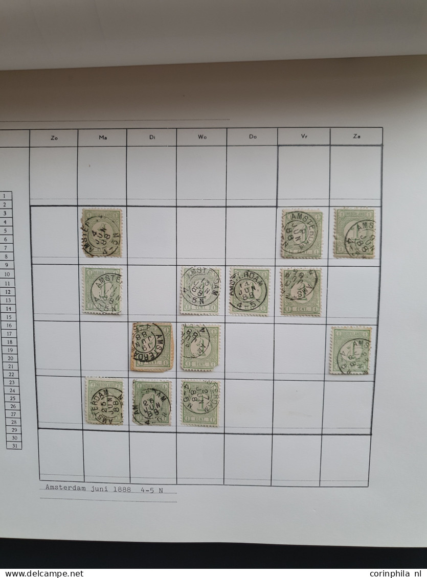 1876-1899, emissie Cijfer 1876, datum verzameling op de ½ en 1 cent van de plaatsen Amsterdam en 's Hertogenbosch in 6 i