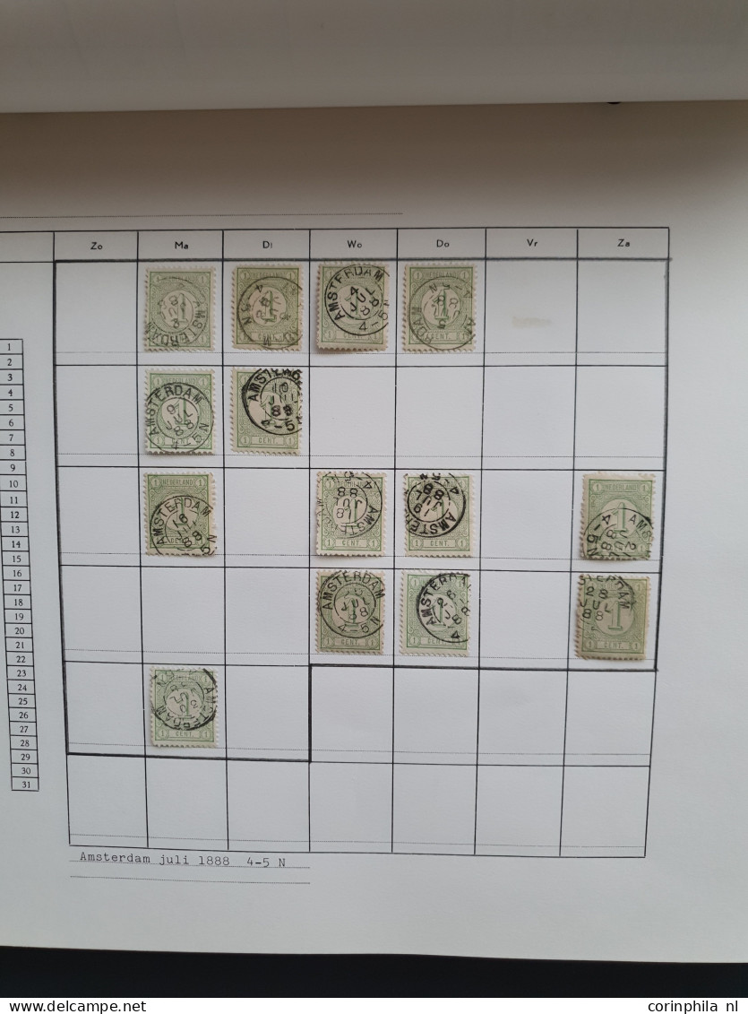 1876-1899, emissie Cijfer 1876, datum verzameling op de ½ en 1 cent van de plaatsen Amsterdam en 's Hertogenbosch in 6 i