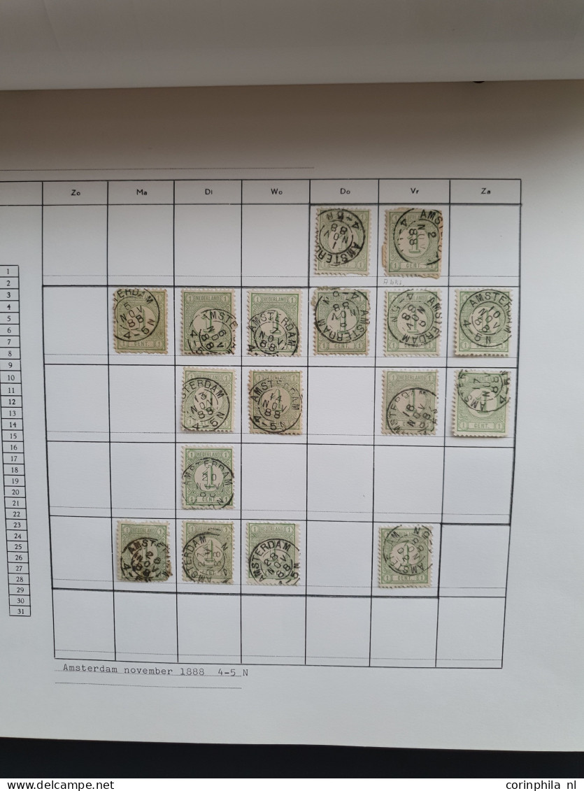 1876-1899, emissie Cijfer 1876, datum verzameling op de ½ en 1 cent van de plaatsen Amsterdam en 's Hertogenbosch in 6 i