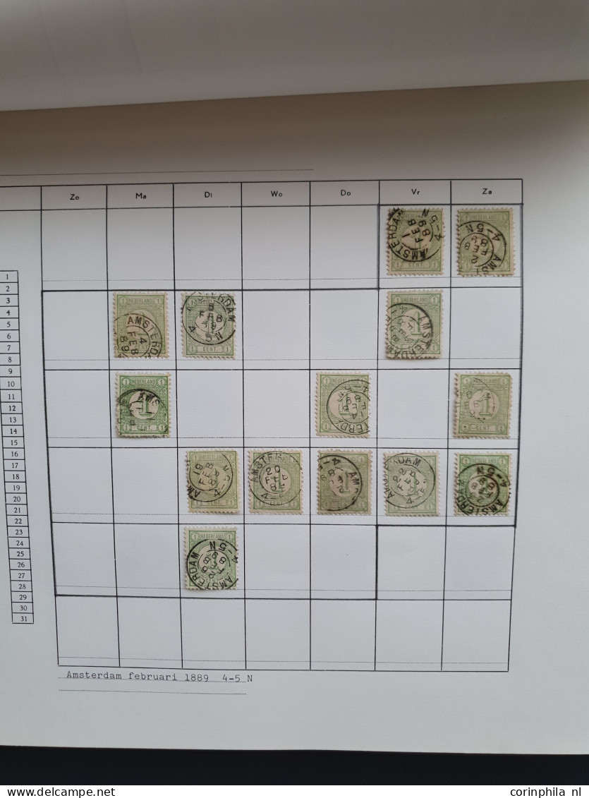 1876-1899, emissie Cijfer 1876, datum verzameling op de ½ en 1 cent van de plaatsen Amsterdam en 's Hertogenbosch in 6 i