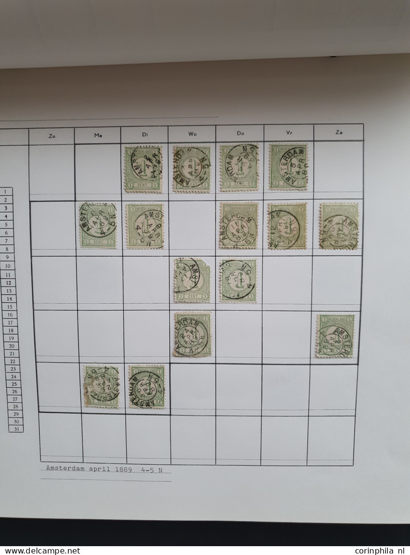 1876-1899, emissie Cijfer 1876, datum verzameling op de ½ en 1 cent van de plaatsen Amsterdam en 's Hertogenbosch in 6 i