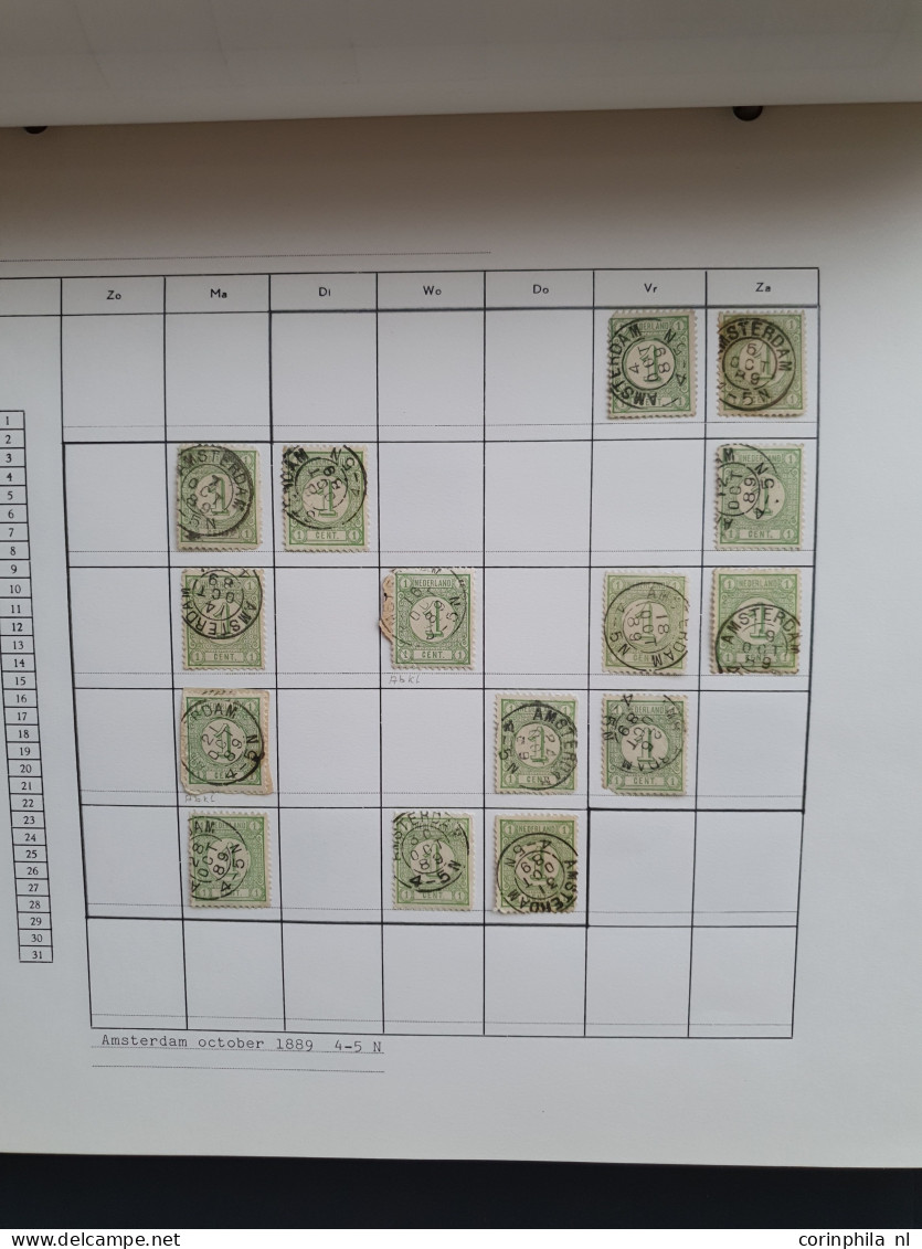 1876-1899, emissie Cijfer 1876, datum verzameling op de ½ en 1 cent van de plaatsen Amsterdam en 's Hertogenbosch in 6 i