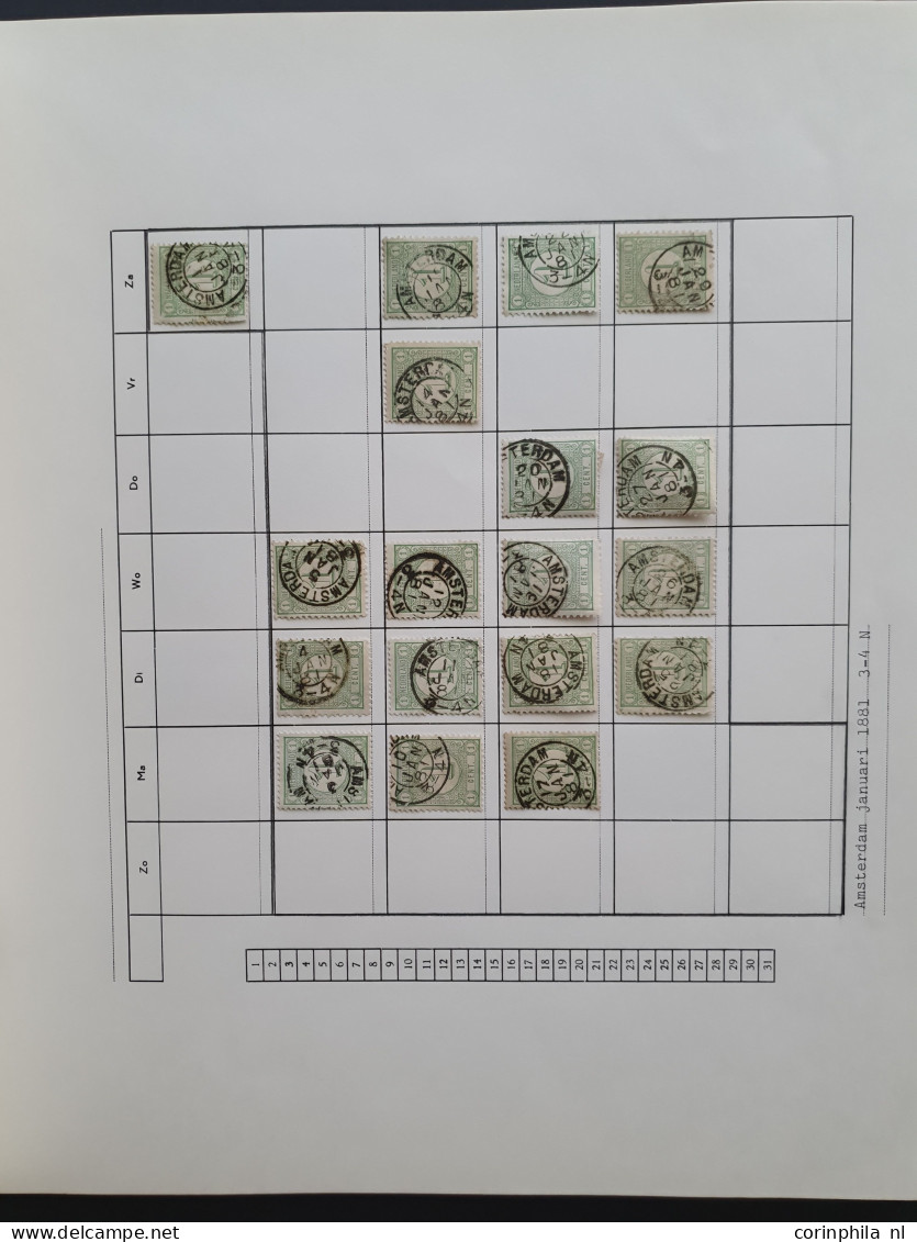 1876-1899, emissie Cijfer 1876, datum verzameling op de ½ en 1 cent van de plaatsen Amsterdam en 's Hertogenbosch in 6 i