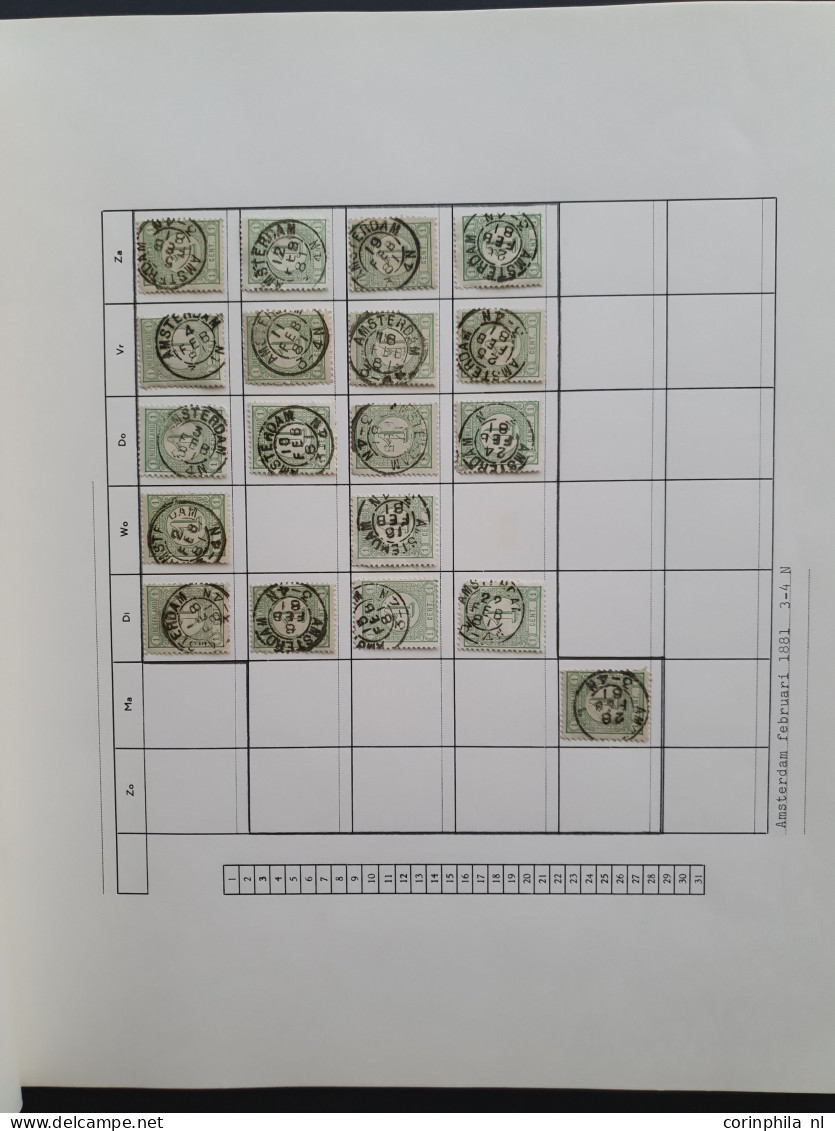 1876-1899, emissie Cijfer 1876, datum verzameling op de ½ en 1 cent van de plaatsen Amsterdam en 's Hertogenbosch in 6 i