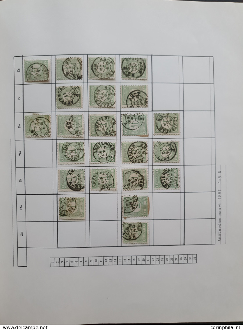 1876-1899, emissie Cijfer 1876, datum verzameling op de ½ en 1 cent van de plaatsen Amsterdam en 's Hertogenbosch in 6 i