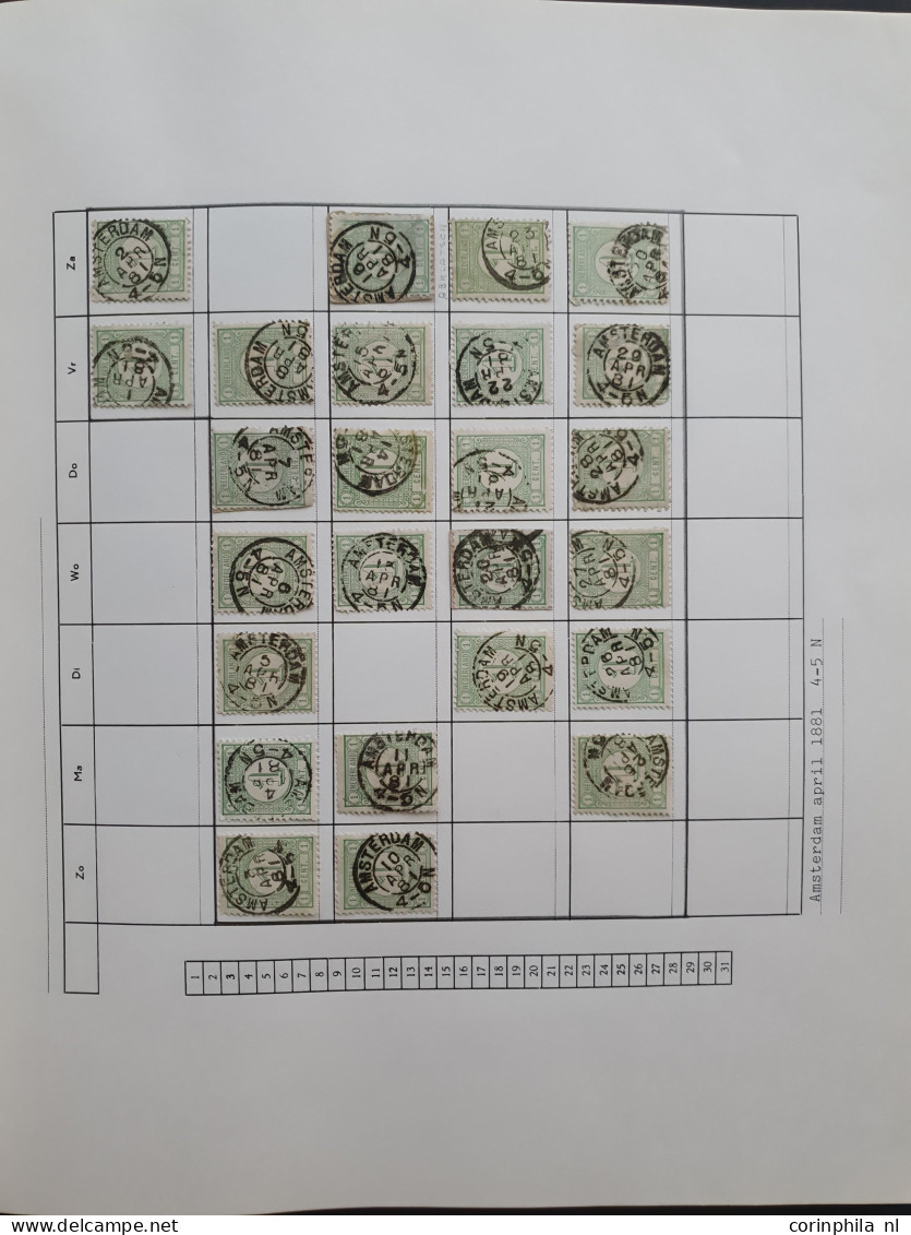 1876-1899, emissie Cijfer 1876, datum verzameling op de ½ en 1 cent van de plaatsen Amsterdam en 's Hertogenbosch in 6 i