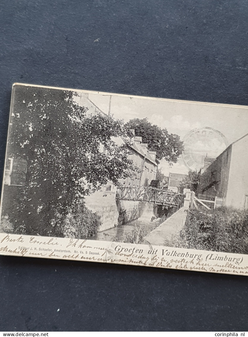 Cover 1880-1920ca. post(waarde)stukken (ca. 350 ex.) w.b. naam-, grootrond- en treinblokstempels in doosje