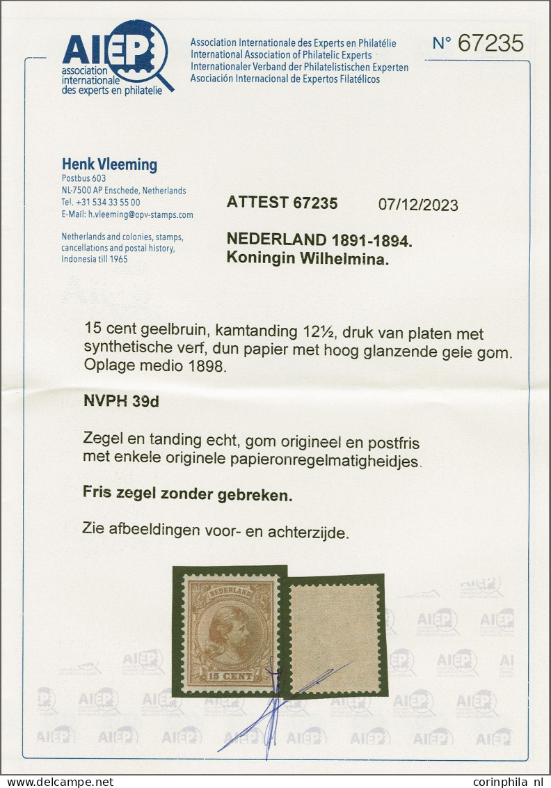 Unmounted Mint 15 Cent Geelbruin, Derde Groep Met Synthetische Verf En Glanzende Gele Gom Met Certificaat Vleeming 2023, - Non Classificati