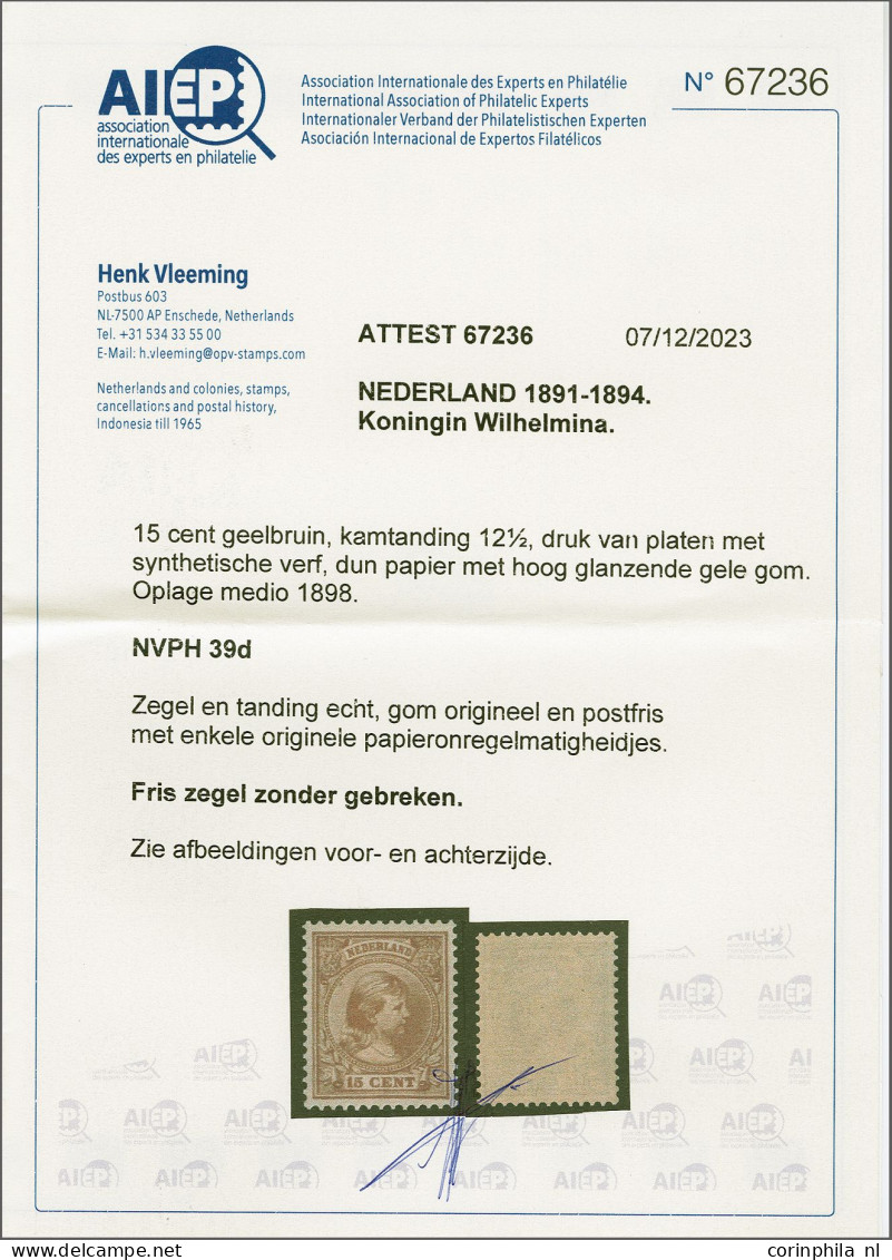 Unmounted Mint 15 Cent Geelbruin, Derde Groep Met Synthetische Verf En Glanzende Gele Gom Met Certificaat Vleeming 2023, - Unclassified