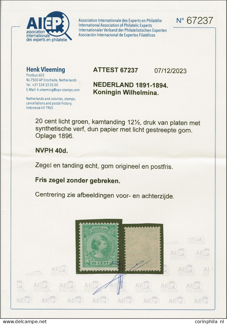 Unmounted Mint 20 Cent Lichtgroen, Derde Groep Met Synthetische Licht Gestreepte Gom Met Certificaat Vleeming 2023, Cat. - Unclassified