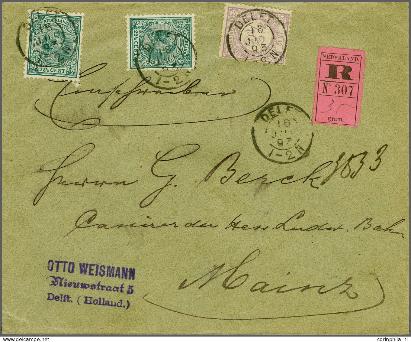 Cover 22½ Cent Zwartgroen (2x) En Cijfer 2½ Cent Lila Op Aangetekende Brief Van De 3e Gewichtsgroep Van Delft 16-7-1893  - Non Classificati