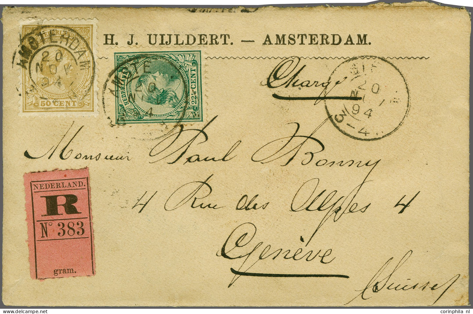 Cover 22½ Cent Zwartgroen En 50 Cent Geelbruin Op Aangetekende Kleinformaat Envelop Van De 5e Gewichtsgoep Van Amsterdam - Unclassified