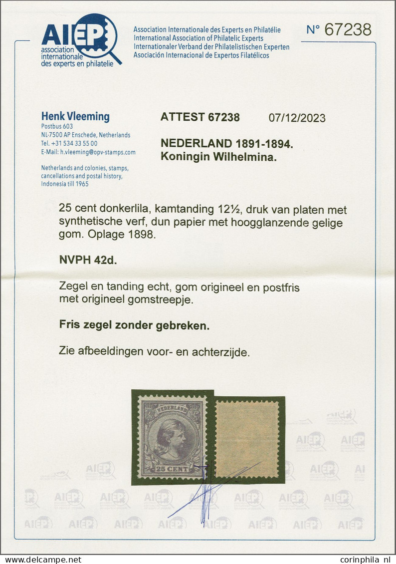 Unmounted Mint 25 Cent Lila, Derde Groep Met Synthetische Verf En Glanzende Gom Met Certificaat Vleeming 2023 (origineel - Unclassified