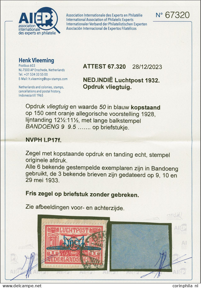 On Piece , Airmail 50 Cent Op 150 Cent Oranje Met Variëteit Kopstaand Vliegtuig Op Briefstukje, Pracht Ex. Met Certifica - Netherlands Indies