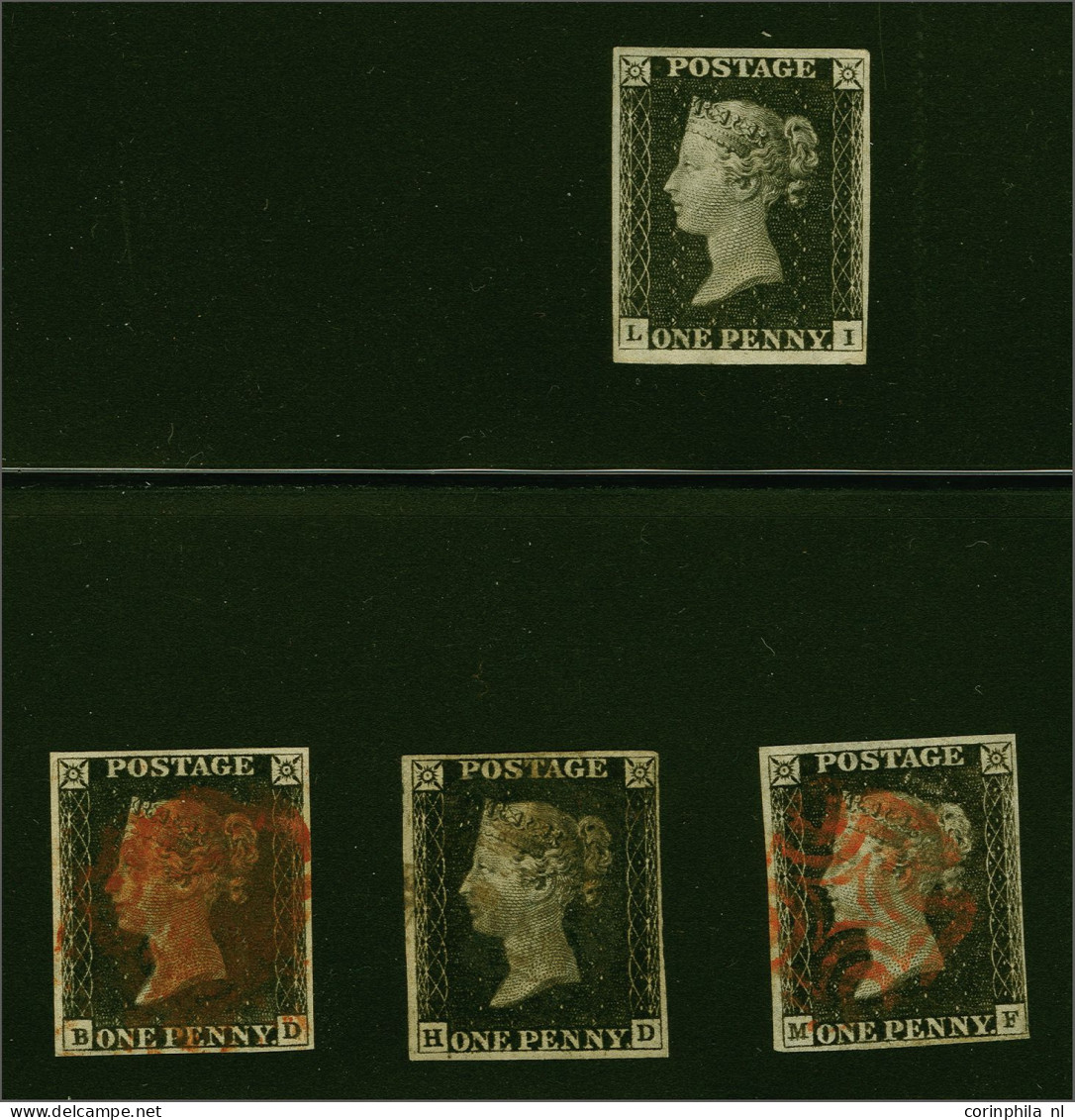 1840 1d. Plate 1b. Fine Group Of Four Ex. (BD, HD, And MF - Double Letter M- ) All Four Margins And Red Maltese Crosses, - Oblitérés