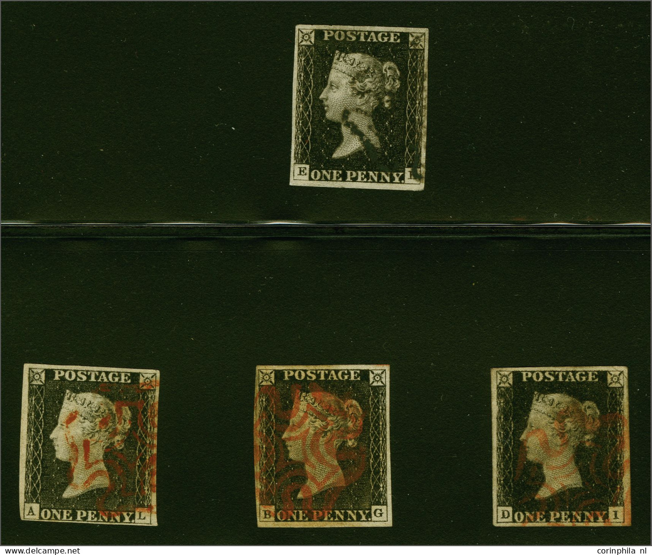 1840 1d. Plate 3. Fine Group Of Four Ex. All Four Margins AL, BG, DL With Red Maltese Crosses And EB With Black Cross, M - Usados