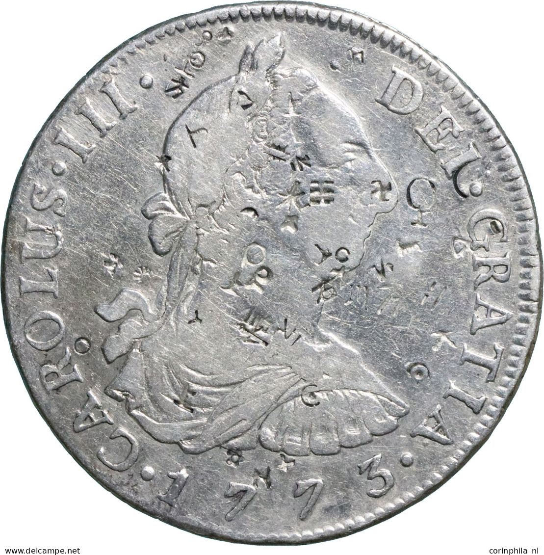 Bolivia, Carlos III (1759-1788), 8 Reales 1773 JR, 26.73gr. (KM 55), 26,71 Gr. – VF / With Asian Chopmarks - Bolivia