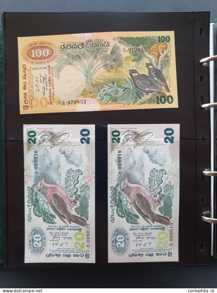 kleine verzameling bankbiljetten wereld met o.a. Ceylon 100, 50 en 20 (2) rupees 1979 in UNC in album