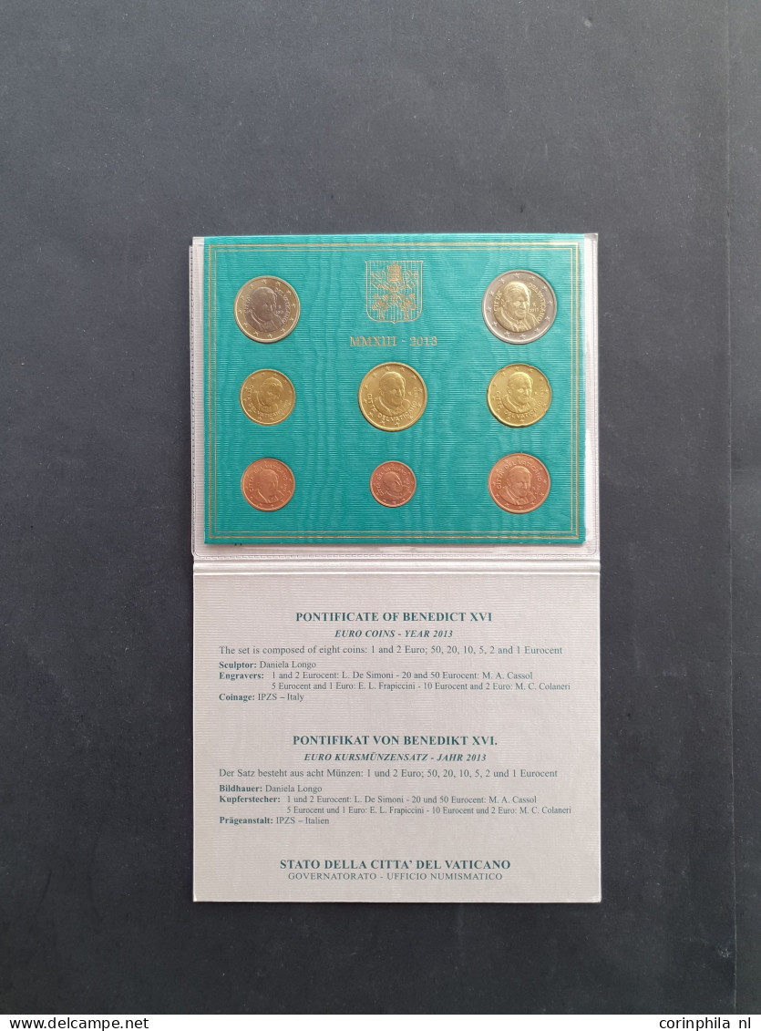 Vatican 2013-2019  Euro Sets (7) and 2 Euros in blisters (8), 50 Eurocent in coin cards (13) in small box