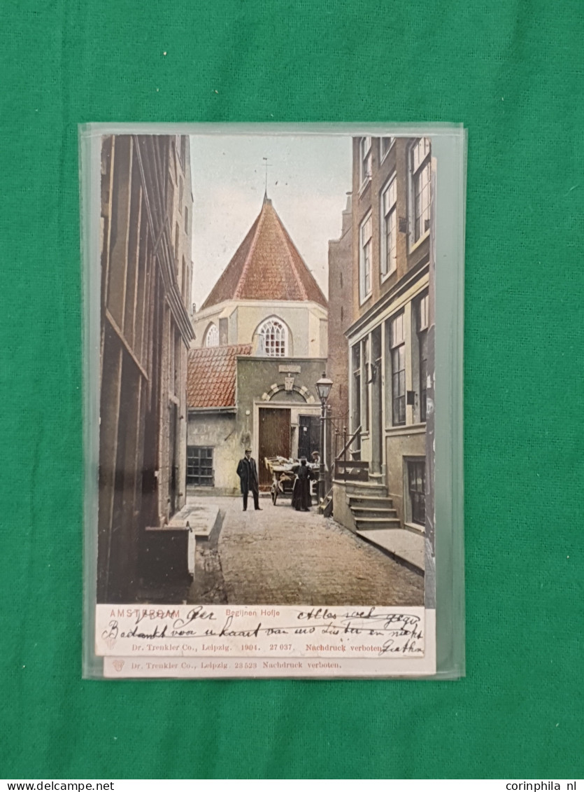 Cover Amsterdam, ca. 1500 prentbriefkaarten w.b. oude en zeer oude deels op straat/gracht gesorteerd, iets stereo in doo