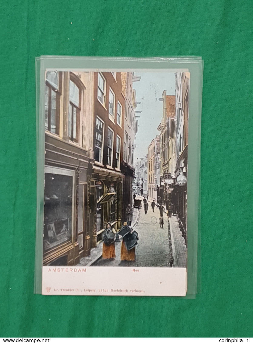 Cover Amsterdam, ca. 1500 prentbriefkaarten w.b. oude en zeer oude deels op straat/gracht gesorteerd, iets stereo in doo