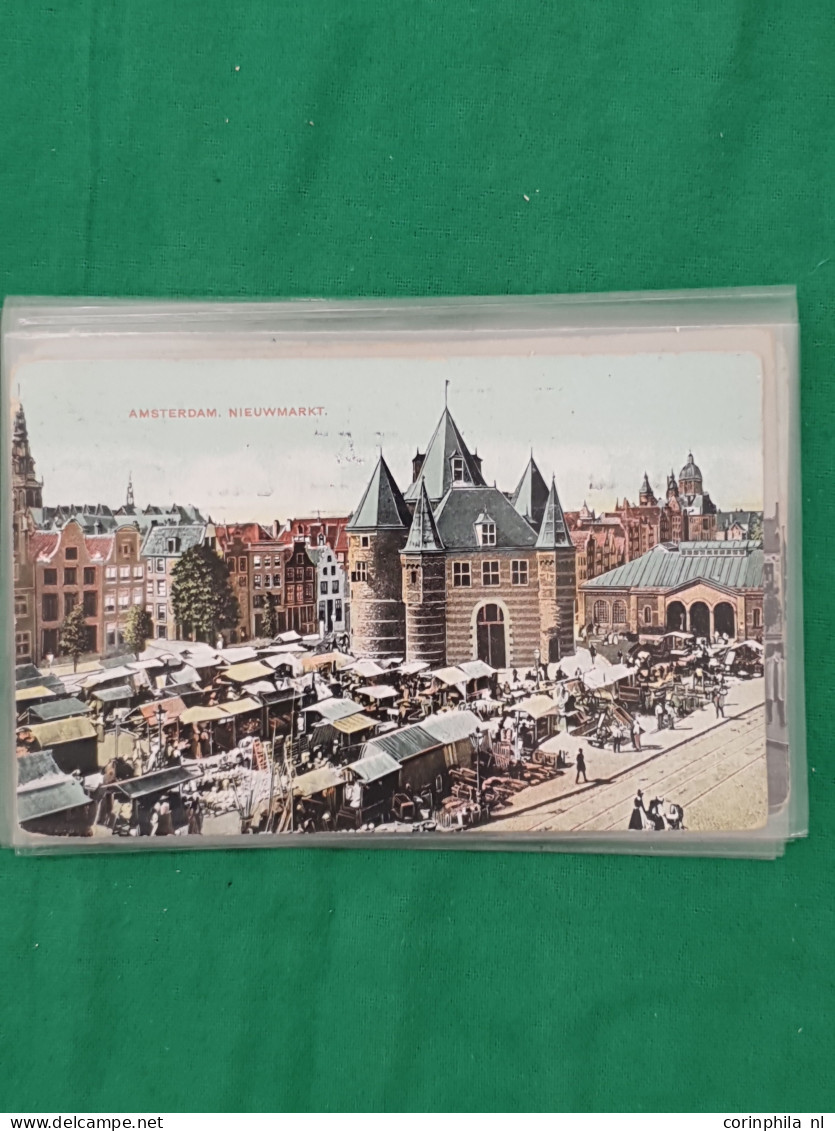 Cover Amsterdam, ca. 1500 prentbriefkaarten w.b. oude en zeer oude deels op straat/gracht gesorteerd, iets stereo in doo