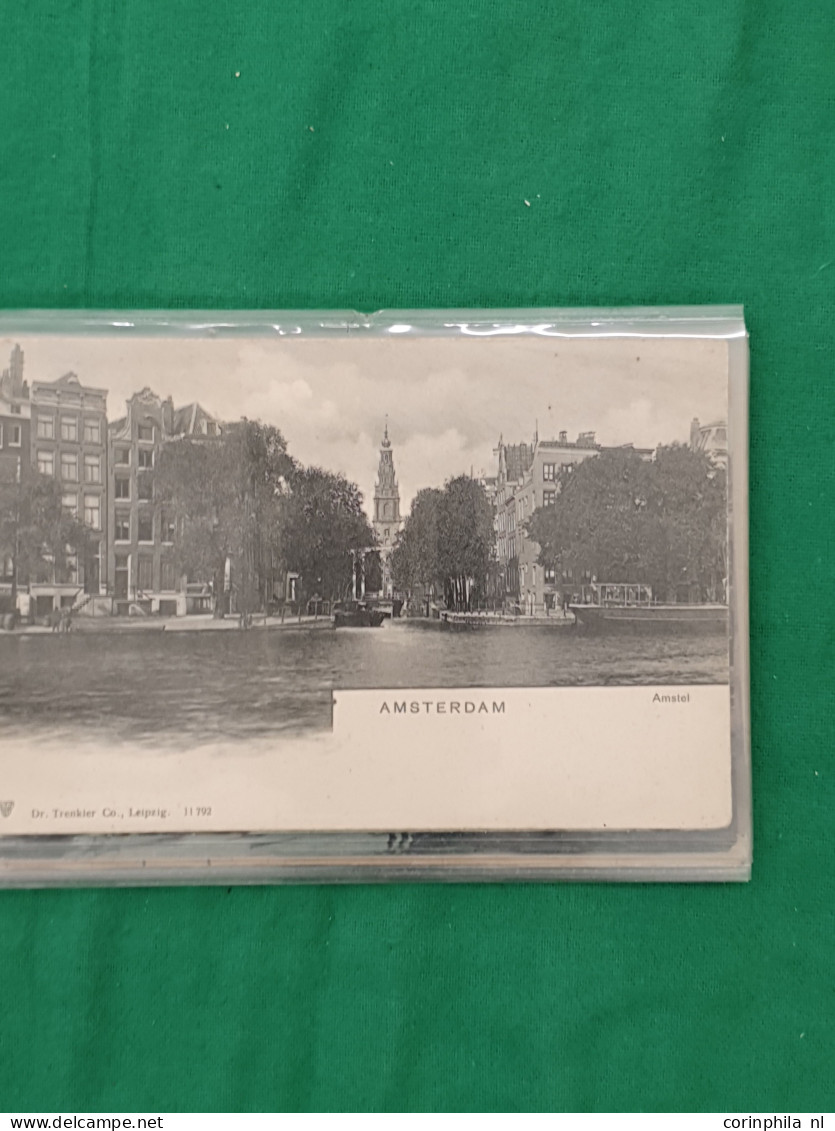Cover Amsterdam, ca. 1500 prentbriefkaarten w.b. oude en zeer oude deels op straat/gracht gesorteerd, iets stereo in doo