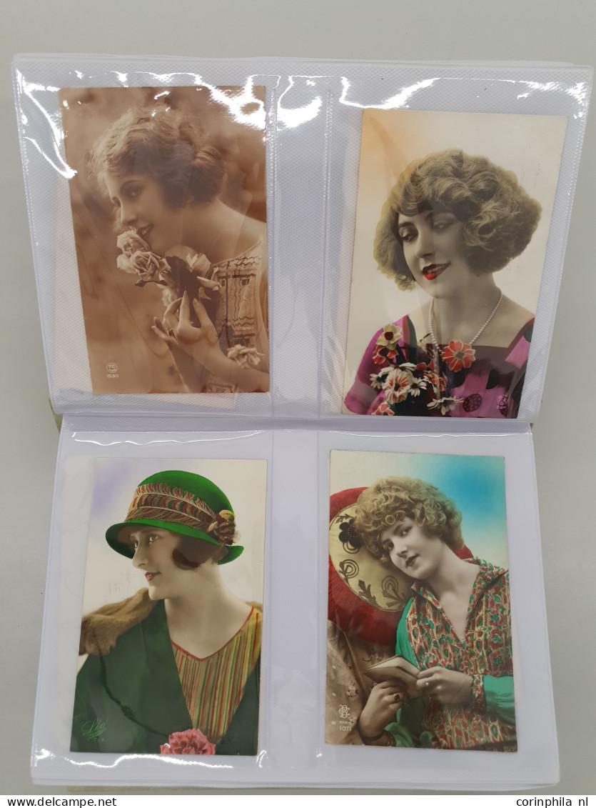 Cover Fantasy, approx. 400 postcards with better material (embossed, scenes) in 2 small albums