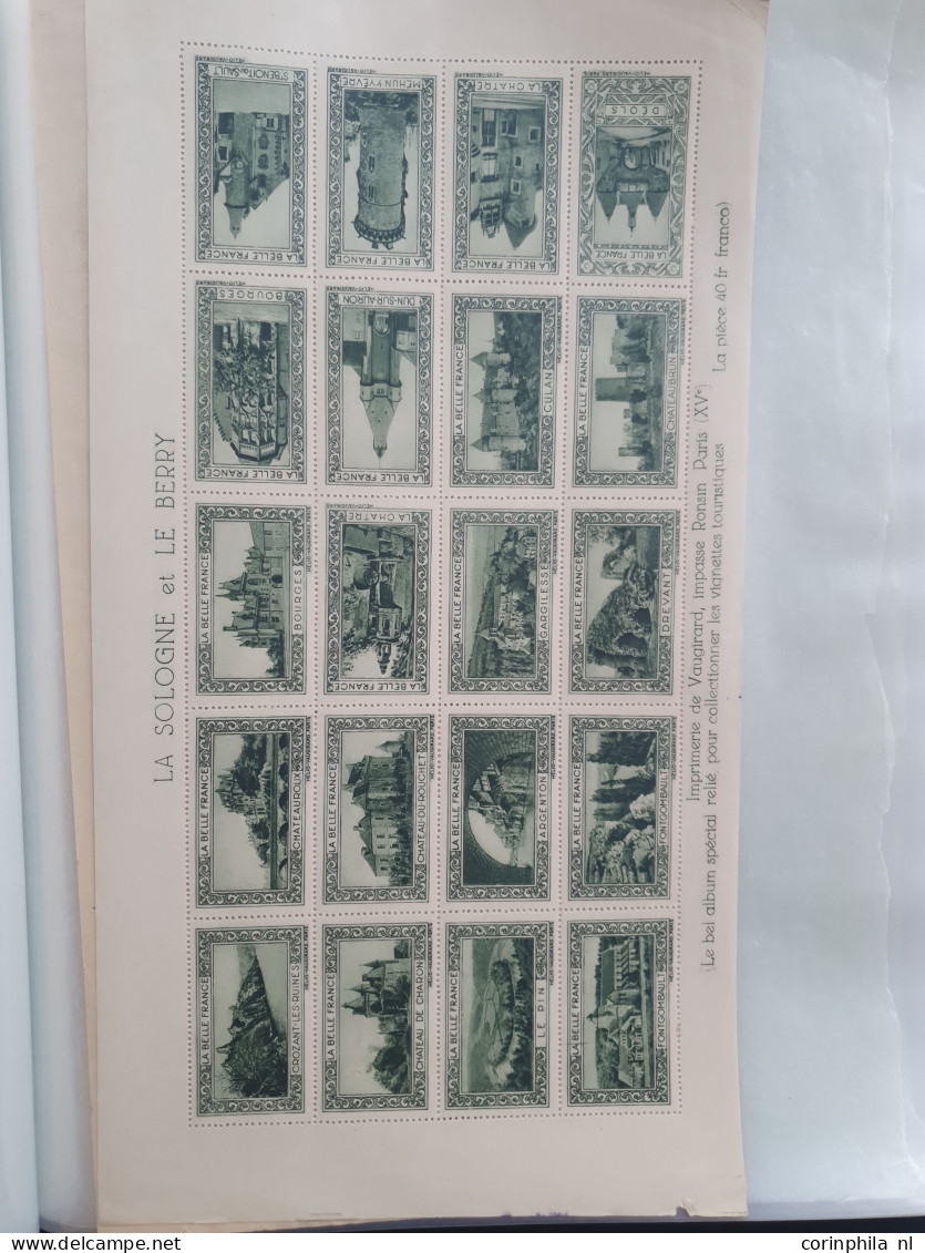 1930-1940 ca., poster stamps, about 70 mainly complete sheetlets of 20 stamps (all different) with city views and landsc