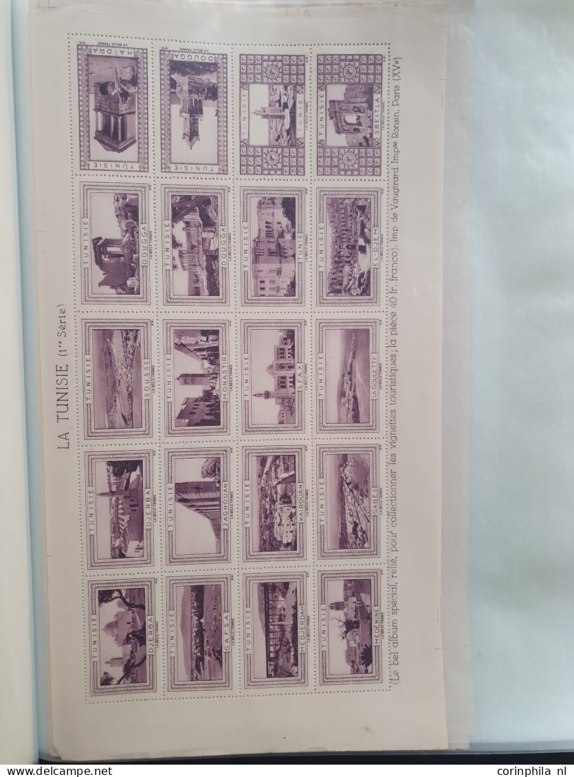 1930-1940 ca., poster stamps, about 70 mainly complete sheetlets of 20 stamps (all different) with city views and landsc