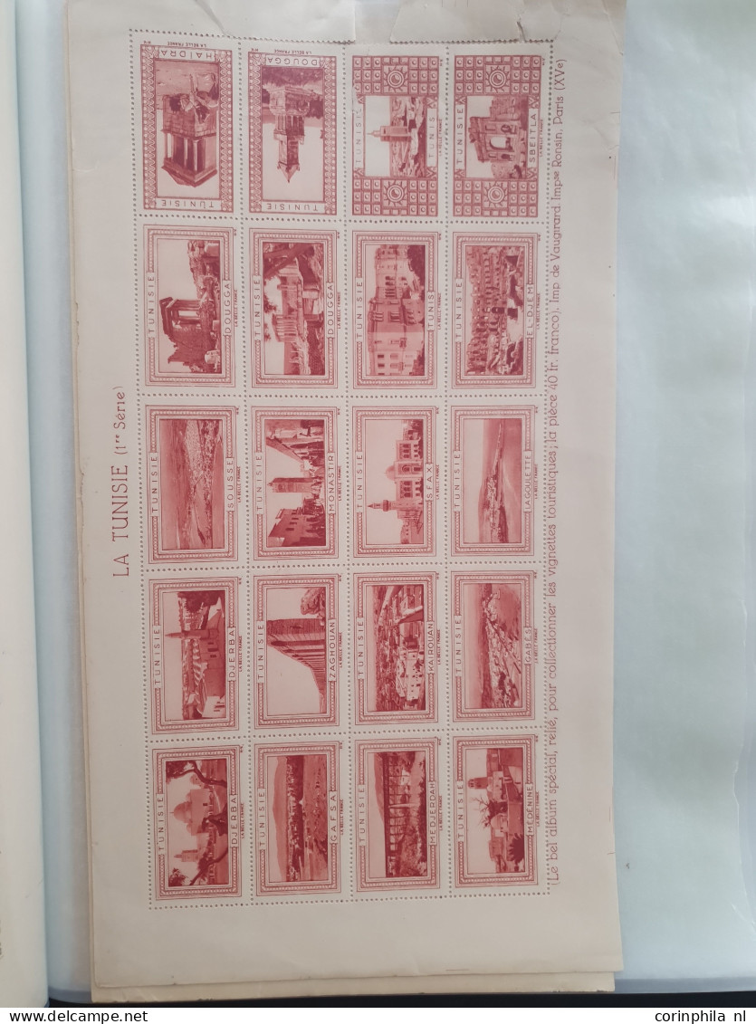 1930-1940 ca., poster stamps, about 70 mainly complete sheetlets of 20 stamps (all different) with city views and landsc