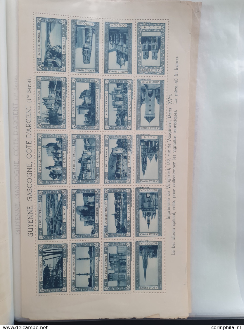 1930-1940 ca., poster stamps, about 70 mainly complete sheetlets of 20 stamps (all different) with city views and landsc